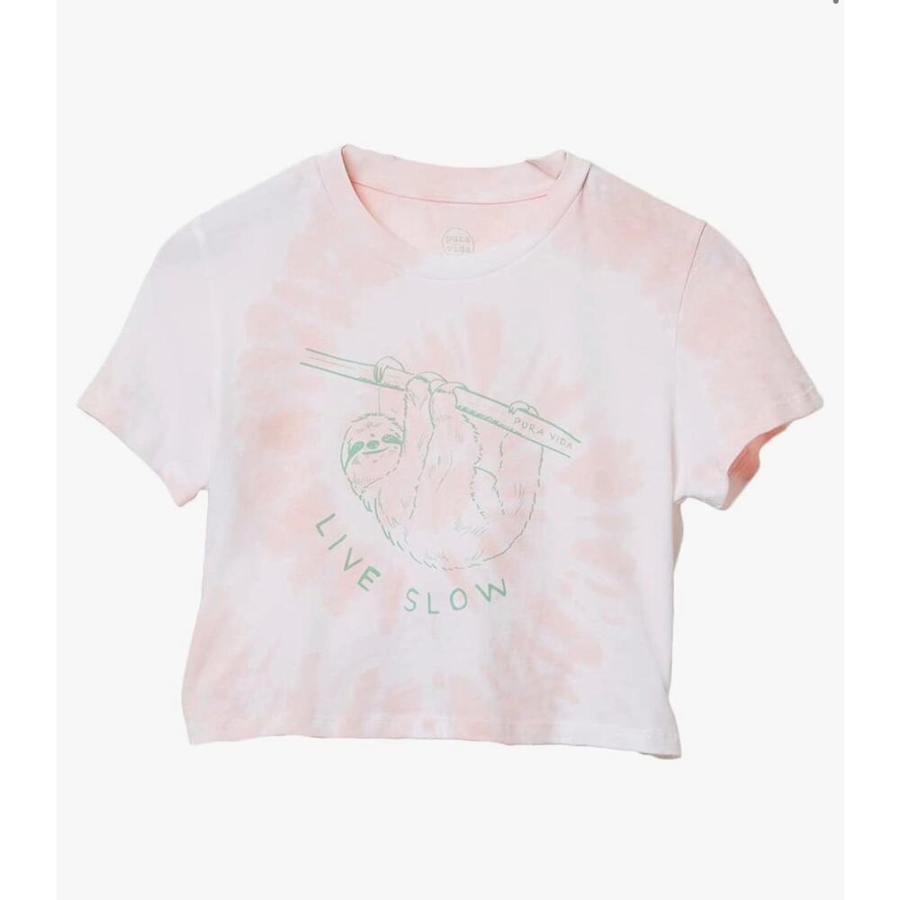 PURA VIDA Live Slow Sloth Tie Dye Graphic Crop Top Tee Pink Size Large - Picture 3 of 7